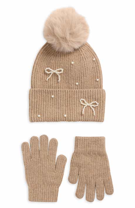 Kids' 2-Piece Faux Pearl Bow Beanie & Gloves Set