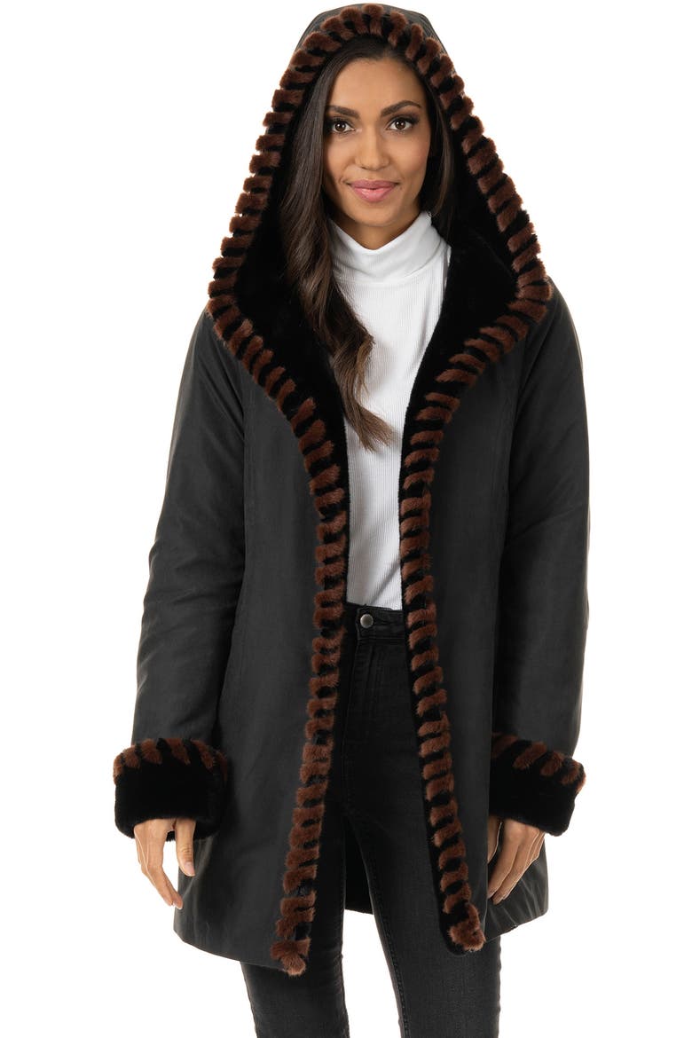 Faux Fur Trimmed Coat, Main, color, BLACK