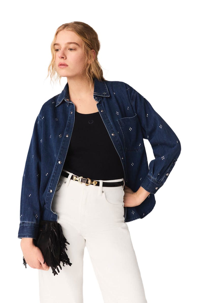 maje Rhinestone denim shirt, Main, color, Blue