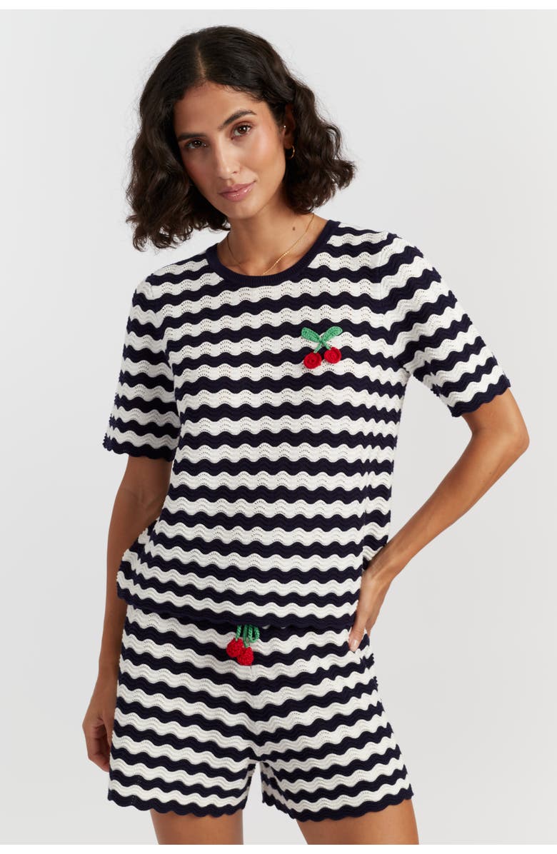 Chinti & Parker Cherry Crochet Tee, Main, color, Blue/Cream