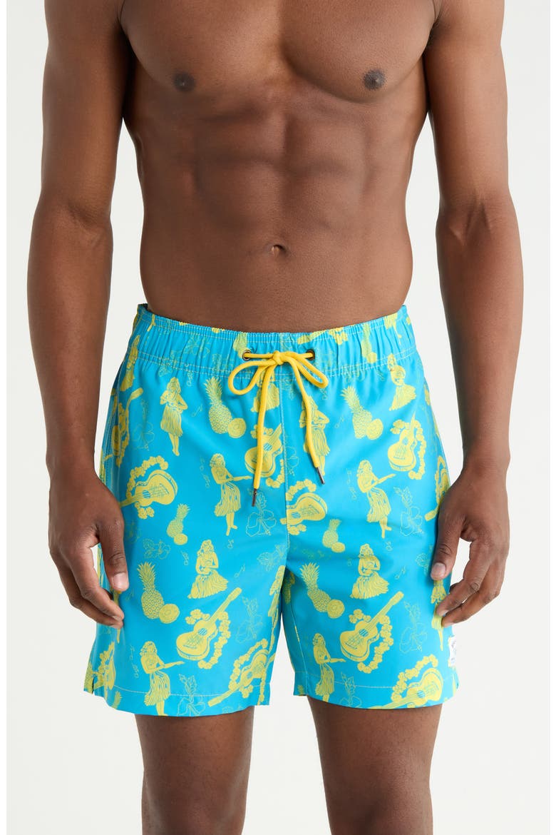 Aloha Guitar Swim Trunks, Main, color, AQUA YELLOW