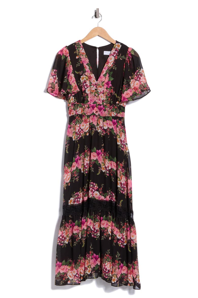Floral Print Chiffon Midi Dress, Main, color, BLACK/ MULTI