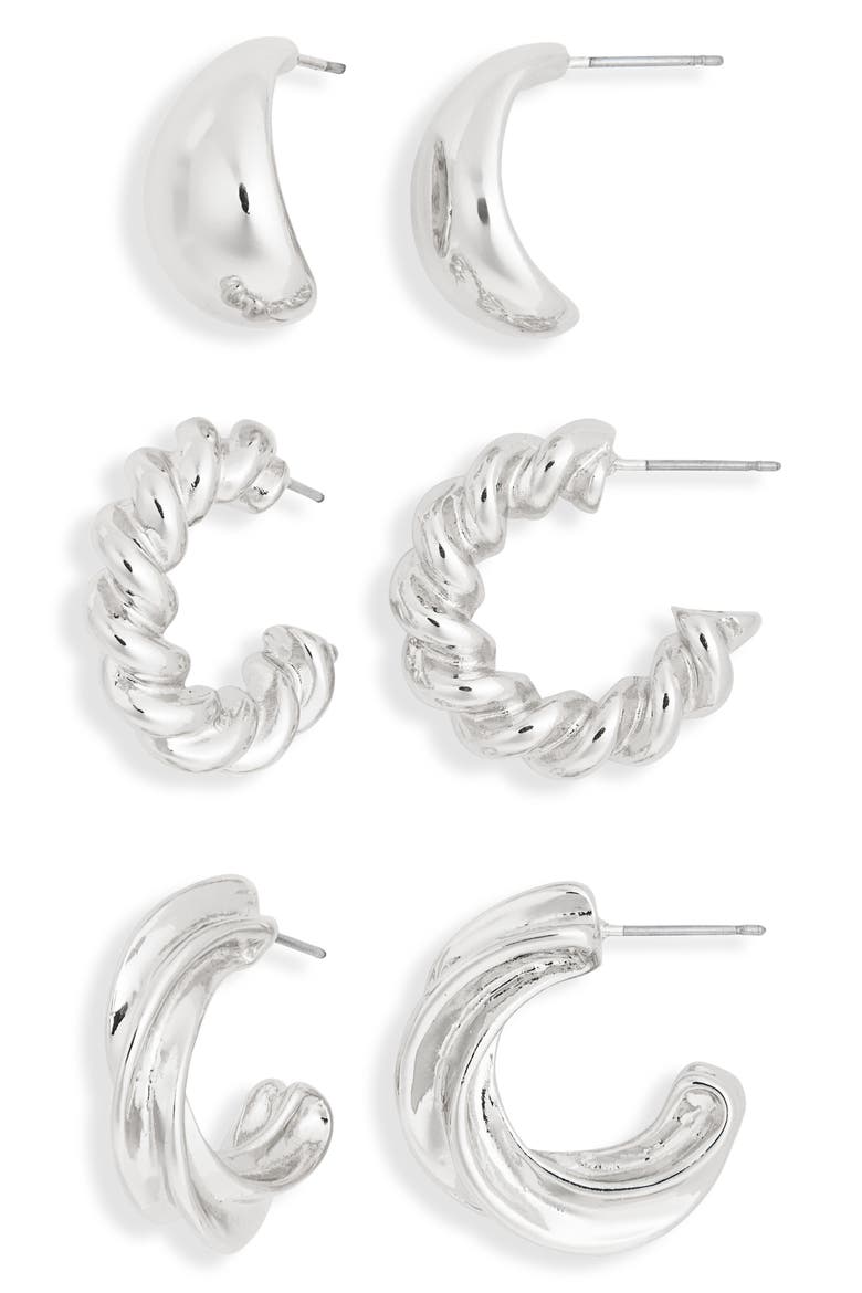Set of 3 Twisted Hoop Earrings, Main, color, SILVER