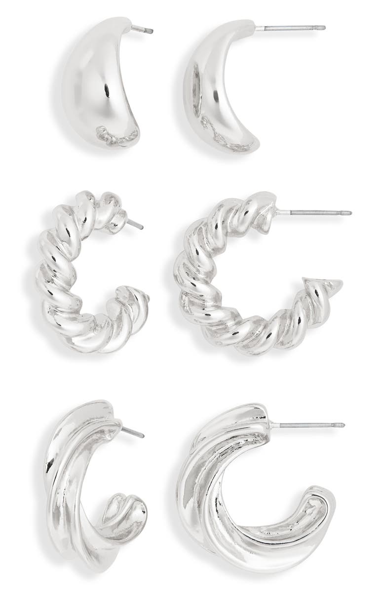NORDSTROM RACK Set of 3 Twisted Hoop Earrings, Main, color, Silver
