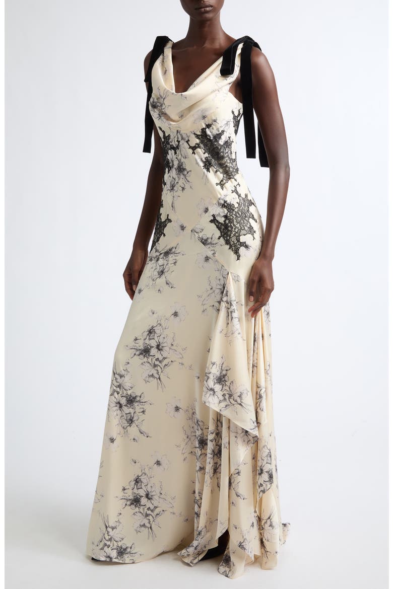 Handsketched Floral Lace Inset Gown, Alternate, color, GARDENIA/ BLACK