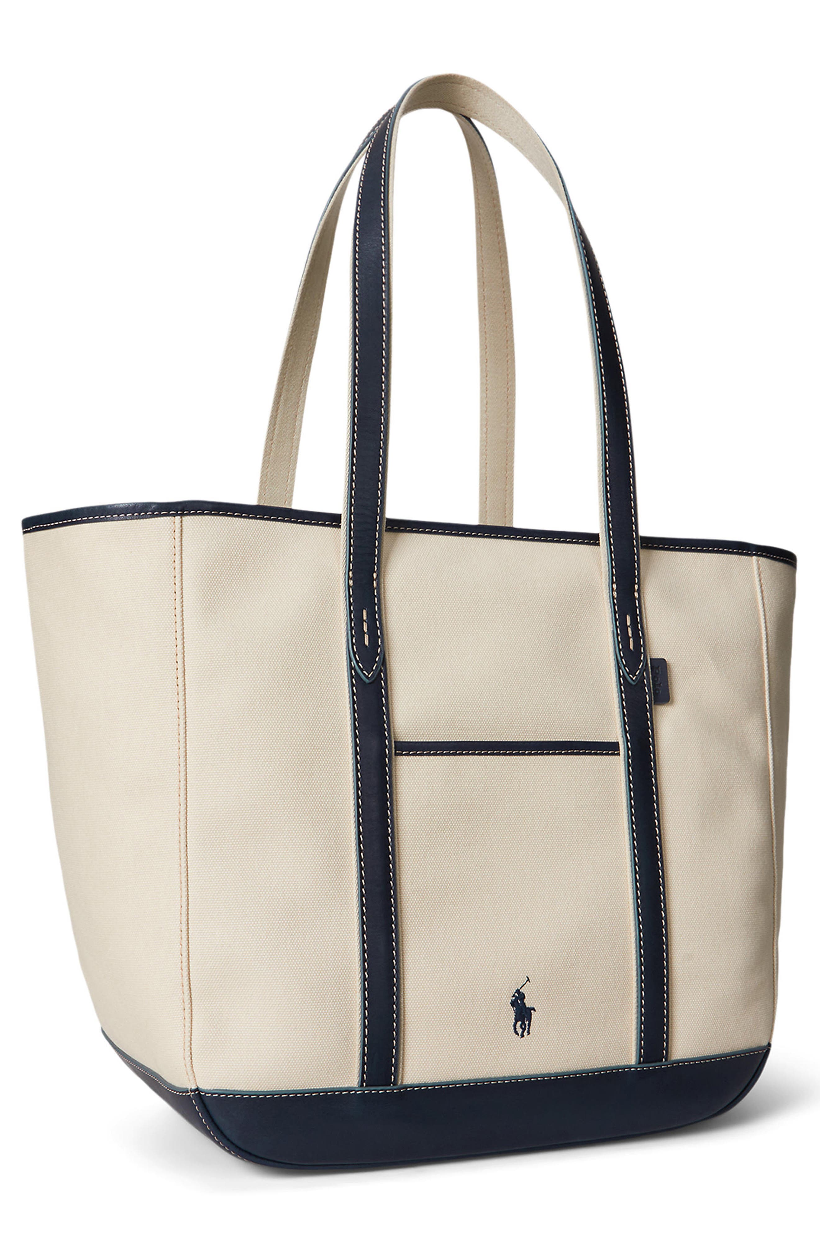 Medium Canvas & Leather Tote, Alternate, color, ECRU/ NAVY