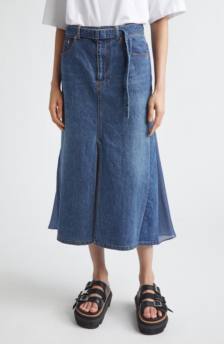 Sacai Belted Denim Midi Skirt, Main, color, Blue