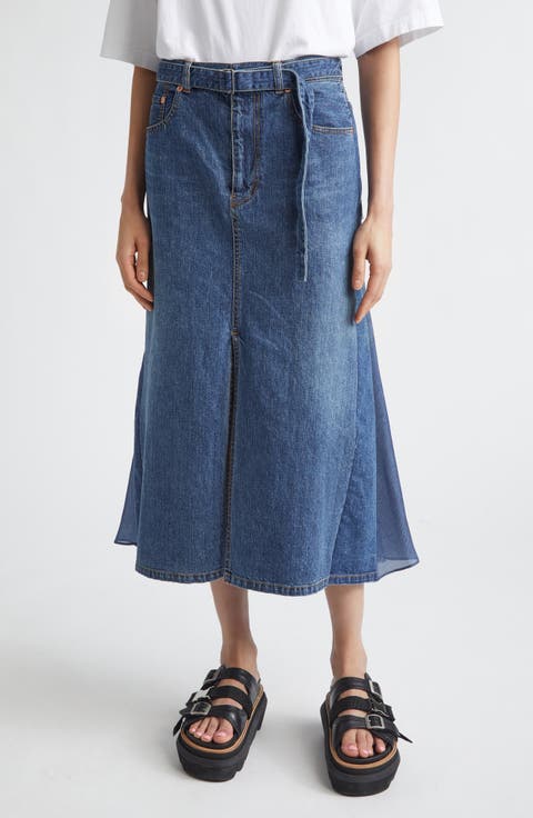 Belted Denim Midi Skirt