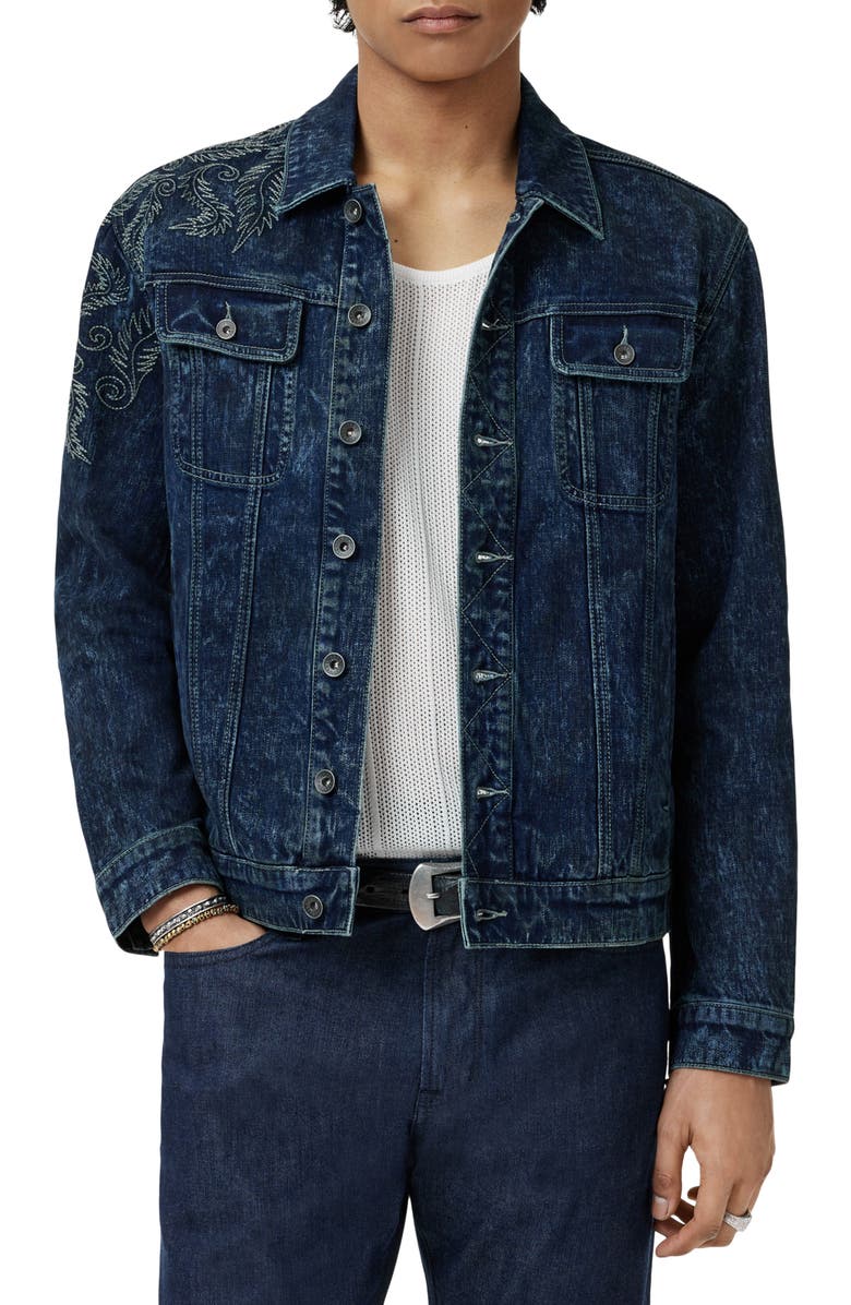 John Varvatos Anthony Embroidered Denim Trucker Jacket, Main, color, Blue Smoke