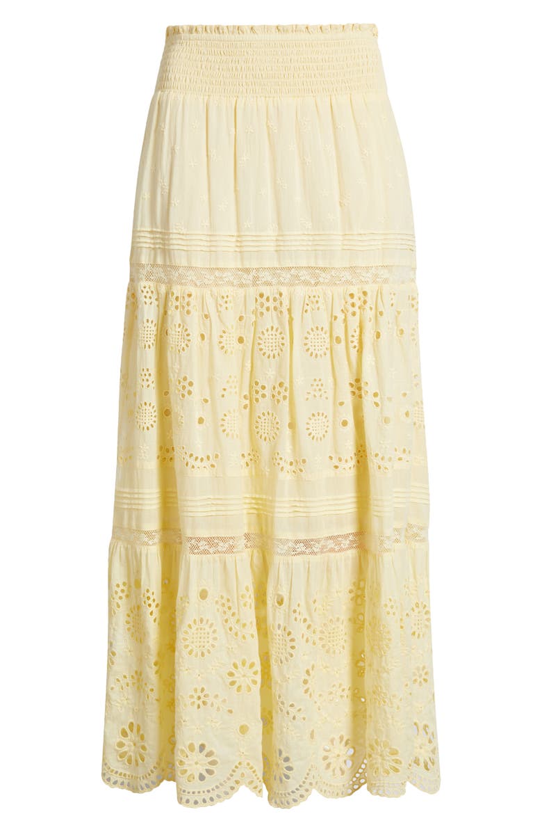 LoveShackFancy Miloti Smocked Waist Cotton Maxi Skirt, Alternate, color, Citron
