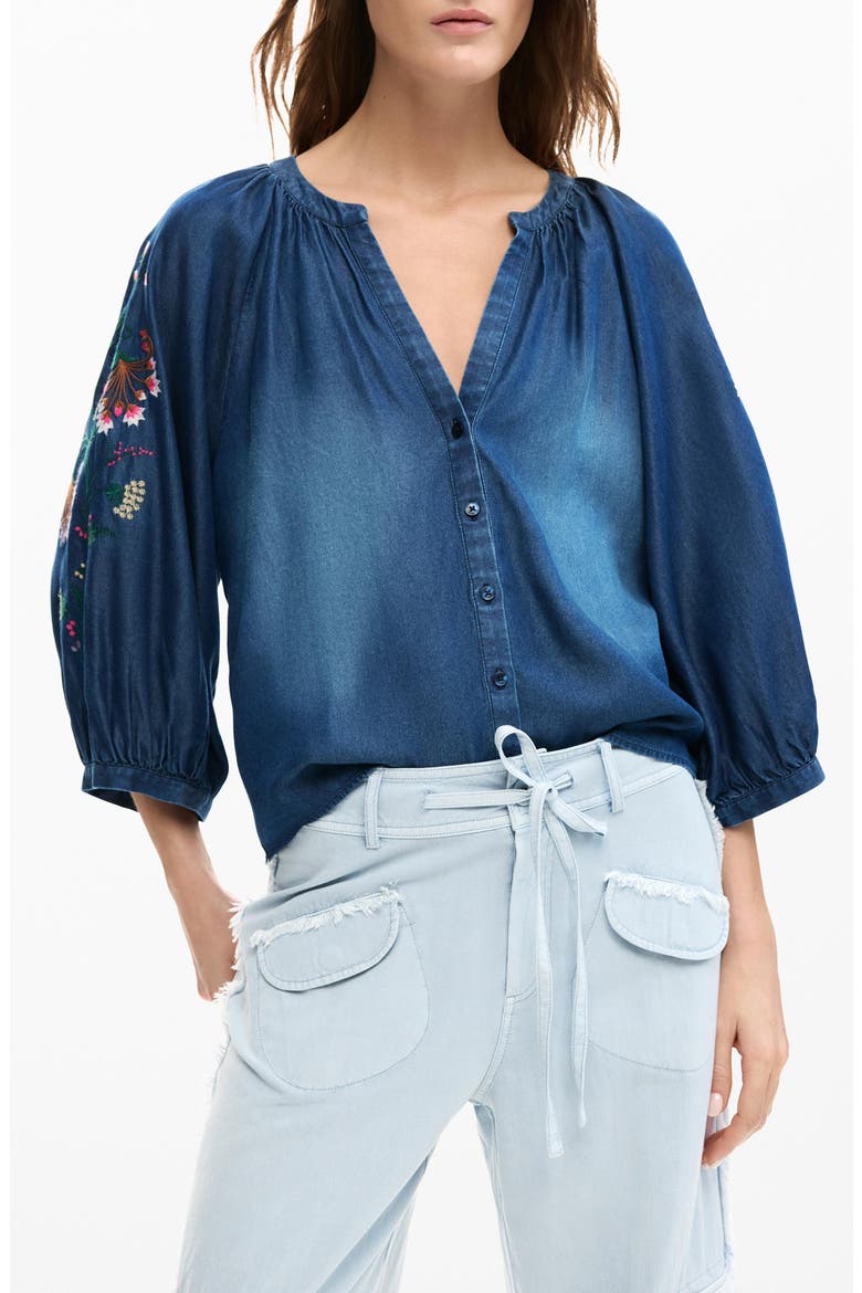 Embroidered Chambray Shirt, Main, color, DARK BLUE