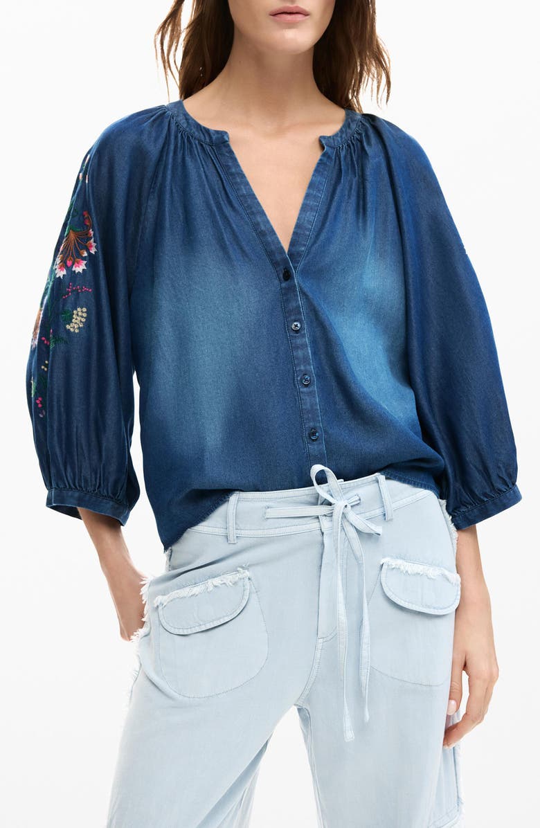 Desigual Embroidered Chambray Shirt, Main, color, Dark Blue