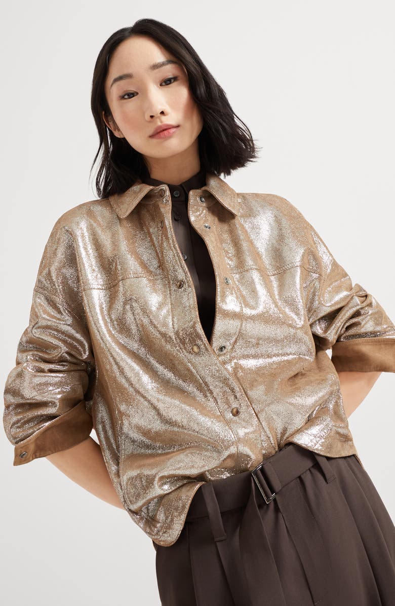 Brunello Cucinelli Lamé nappa shirt, Alternate, color, Silver