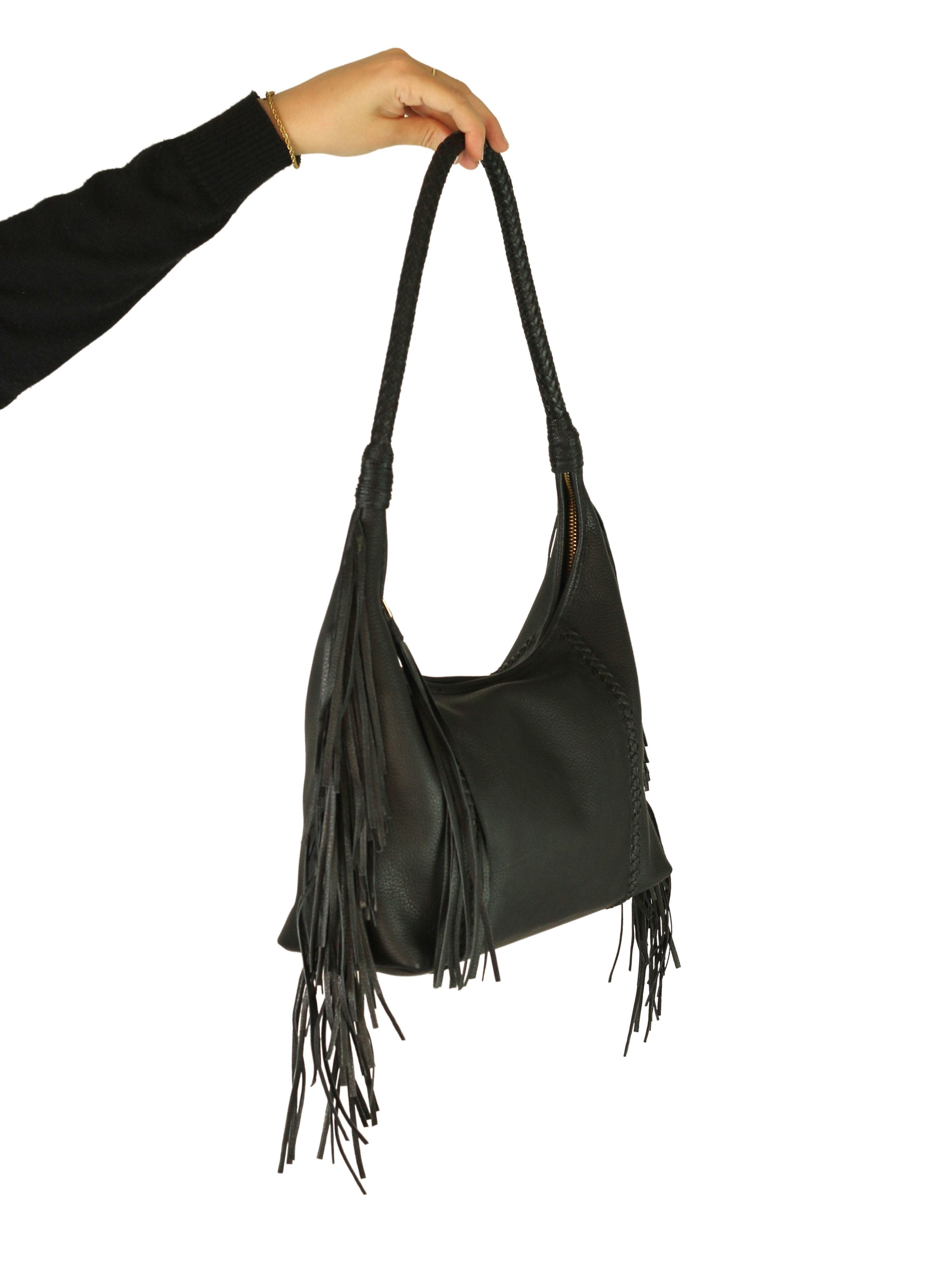 Carlos Falchi Large Fringe Top Grain Leather Hobo Shoulder Bag, Alternate, color, Black Obsidian