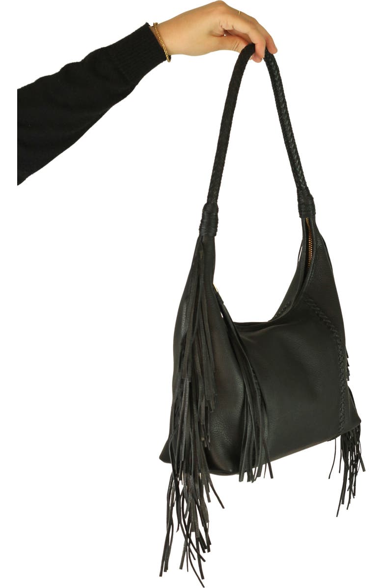 Carlos Falchi Large Fringe Top Grain Leather Hobo Shoulder Bag, Alternate, color, Black Obsidian