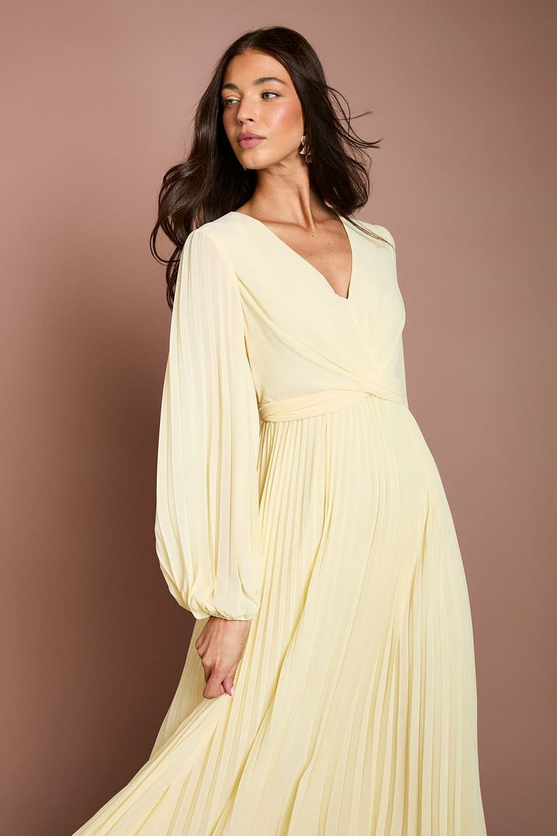 Pleated Wrap V-Neck Maxi Dress, Alternate, color, Lemon