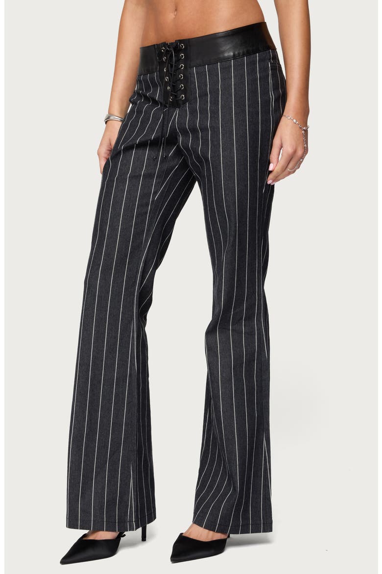 Pinstripe Faux Leather Waist Lace-Up Pants, Alternate, color, DARK-BLUE