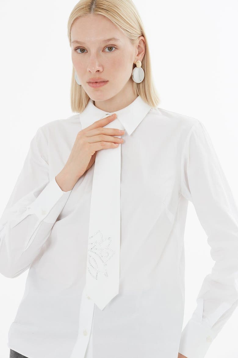 Printed Shirt with Tie-Neck Detail, Alternate, color, White