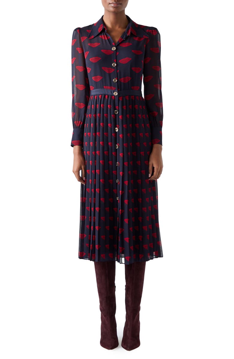 LK Bennett Tallis Lips Pleated Long Sleeve Midi Shirtdress, Main, color, 