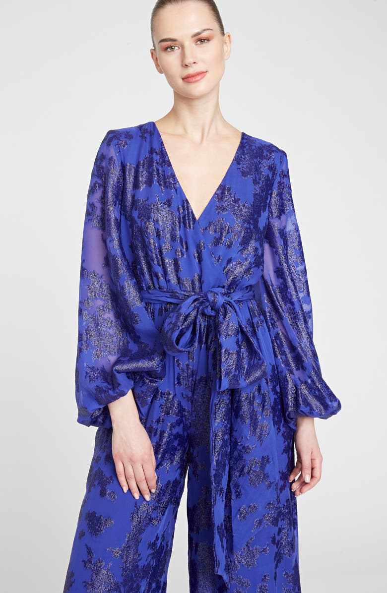ML Monique Lhuillier Metallic Jacquard Long Sleeve Silk Blend Jumpsuit, Alternate, color, 