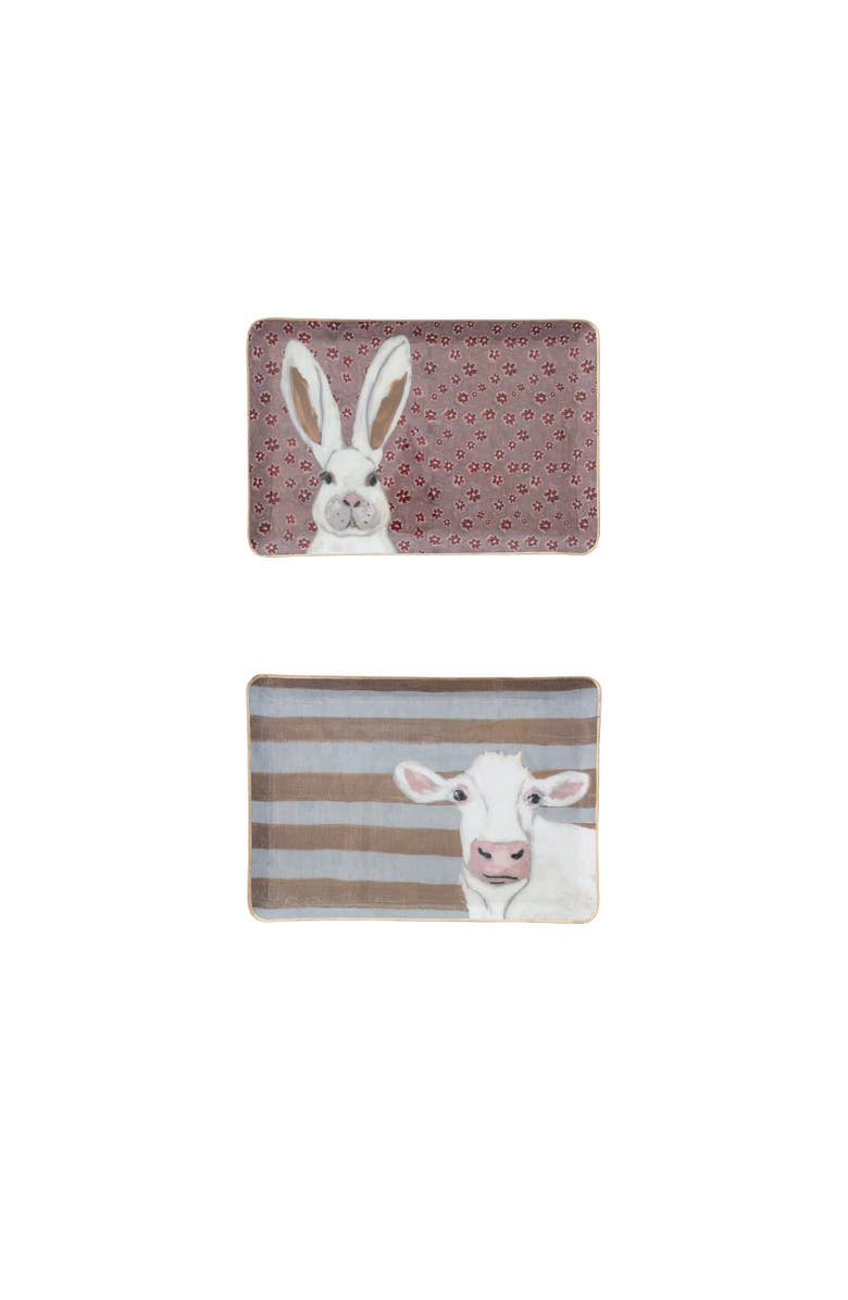 Storied Home 2-Piece Enameled Metal Trays with Patterns, Animal Images and Gold Edges, Multicolor, Main, color, Pink