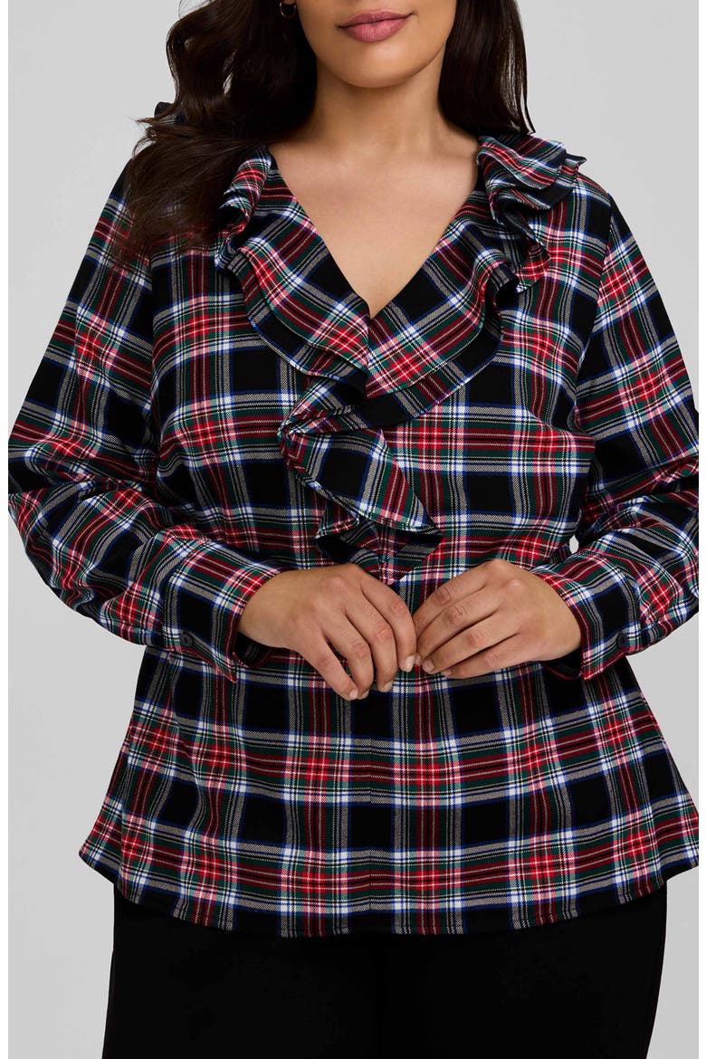 Sandy Plaid Ruffle Neck Long Sleeve Popover Top, Main, color, RED/ MULTI PLAID