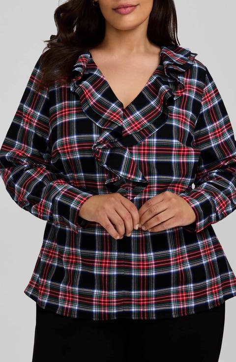 Sandy Plaid Ruffle Neck Long Sleeve Popover Top