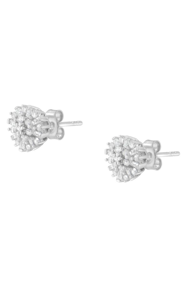 Haus of Brilliance Silver 1/2 Round and Baguette Diamond Sunburst Floral Cluster Stud Earrings, Alternate, color, White