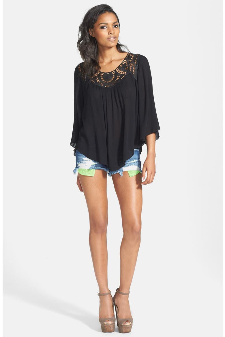 ASTR Crochet Yoke Crinkle Top, Alternate, color, BLACK