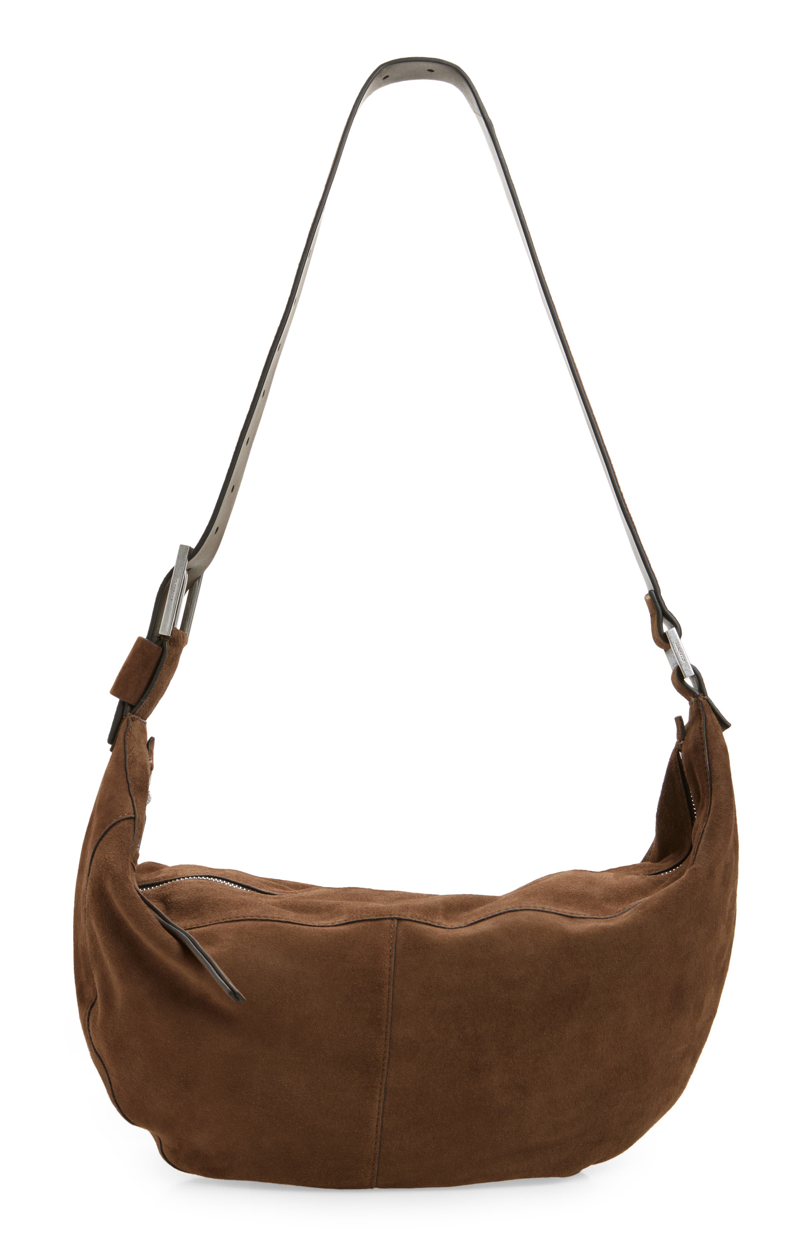 AllSaints Luna Suede Shoulder Bag, Main, color, Fango Brown