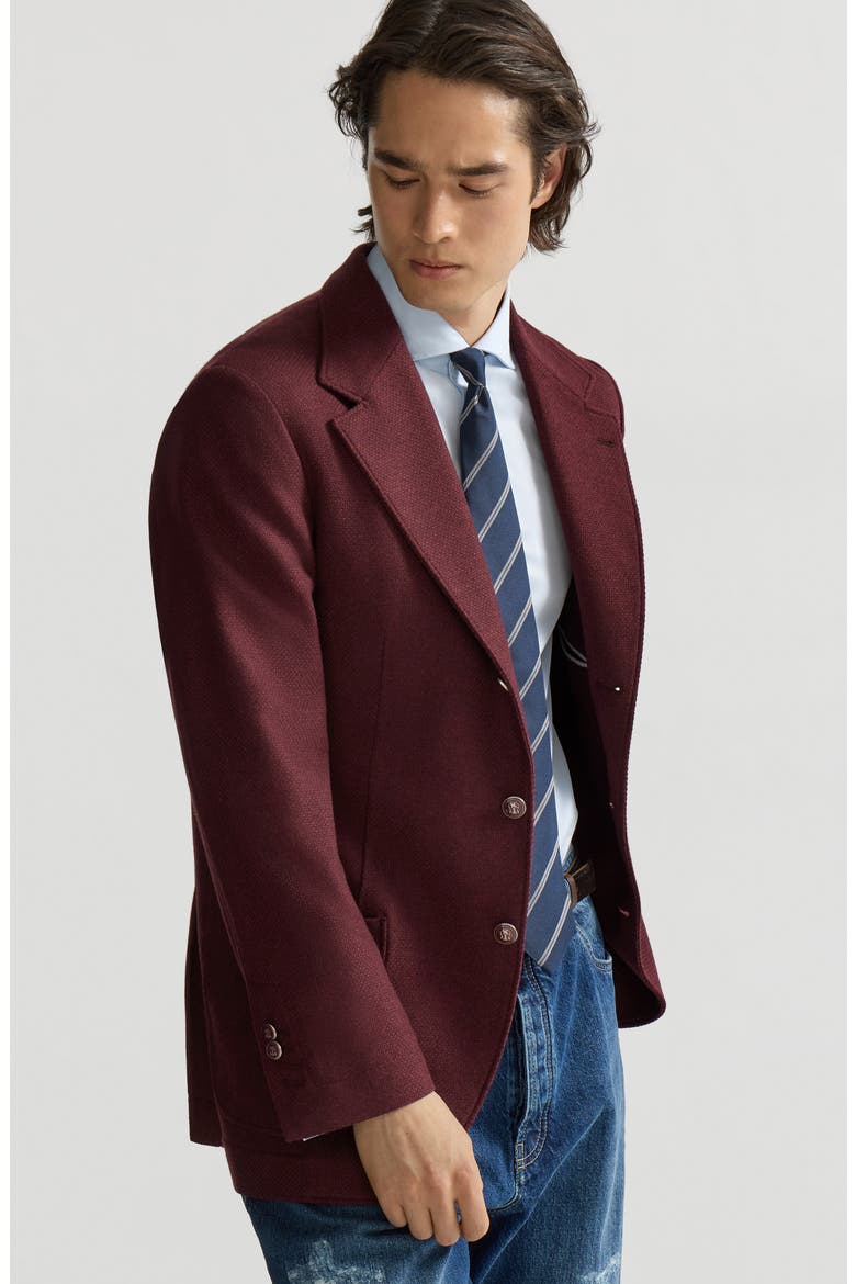 Cashmere Panama deconstructed blazer with patch pockets and metal buttons, Alternate, color, Burgundy