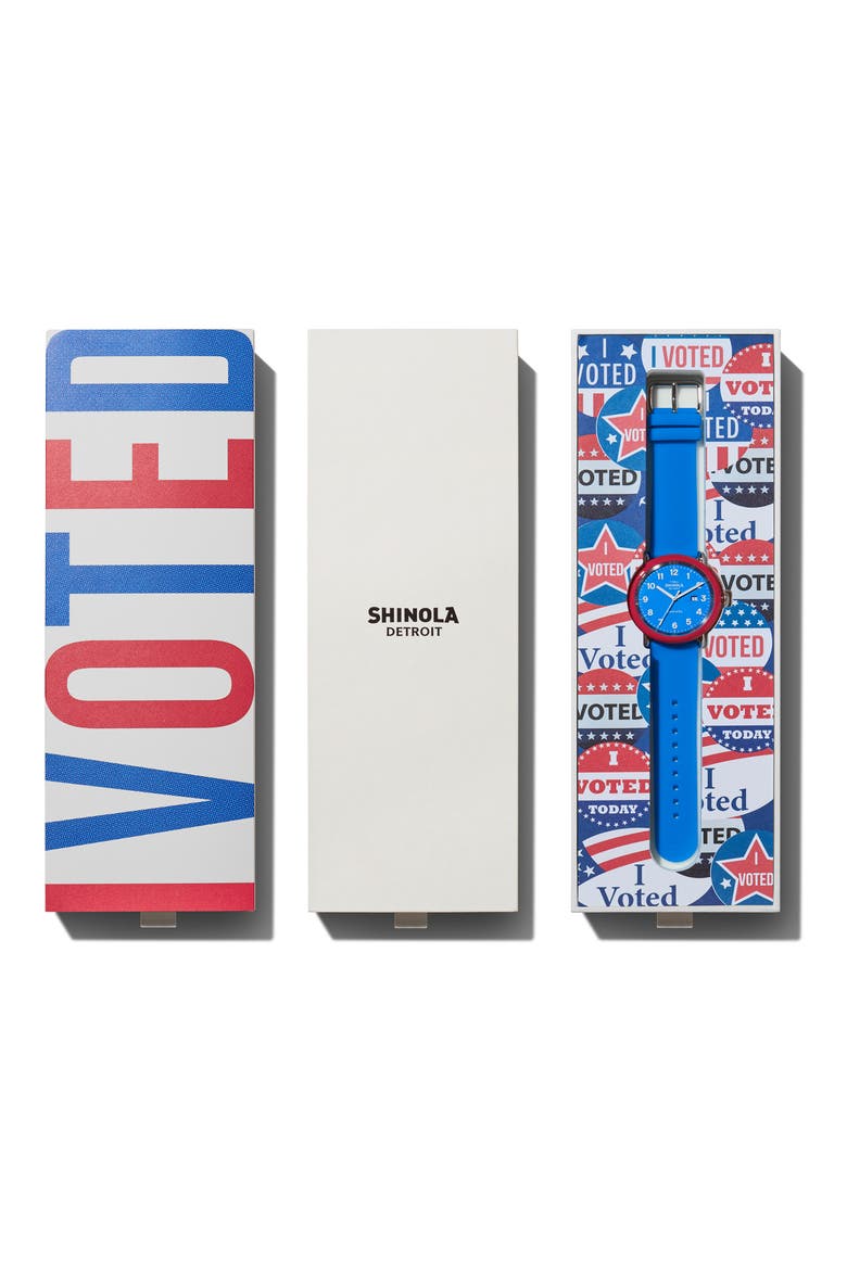 Detrola "The I Voted" Silicone Strap Watch, 43mm, Alternate, color, BLUE/ RED/ SILVER