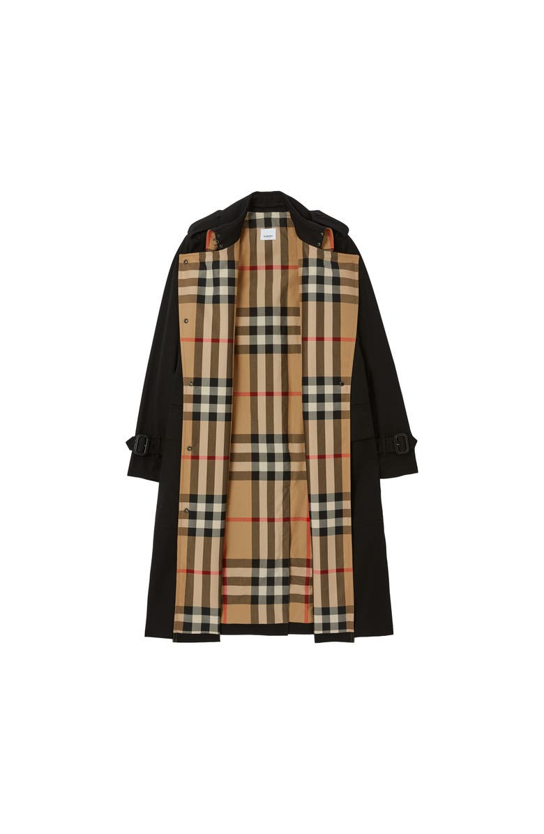 Burberry Long Check Lapel Gabardine Trench Coat, Alternate, color, Black