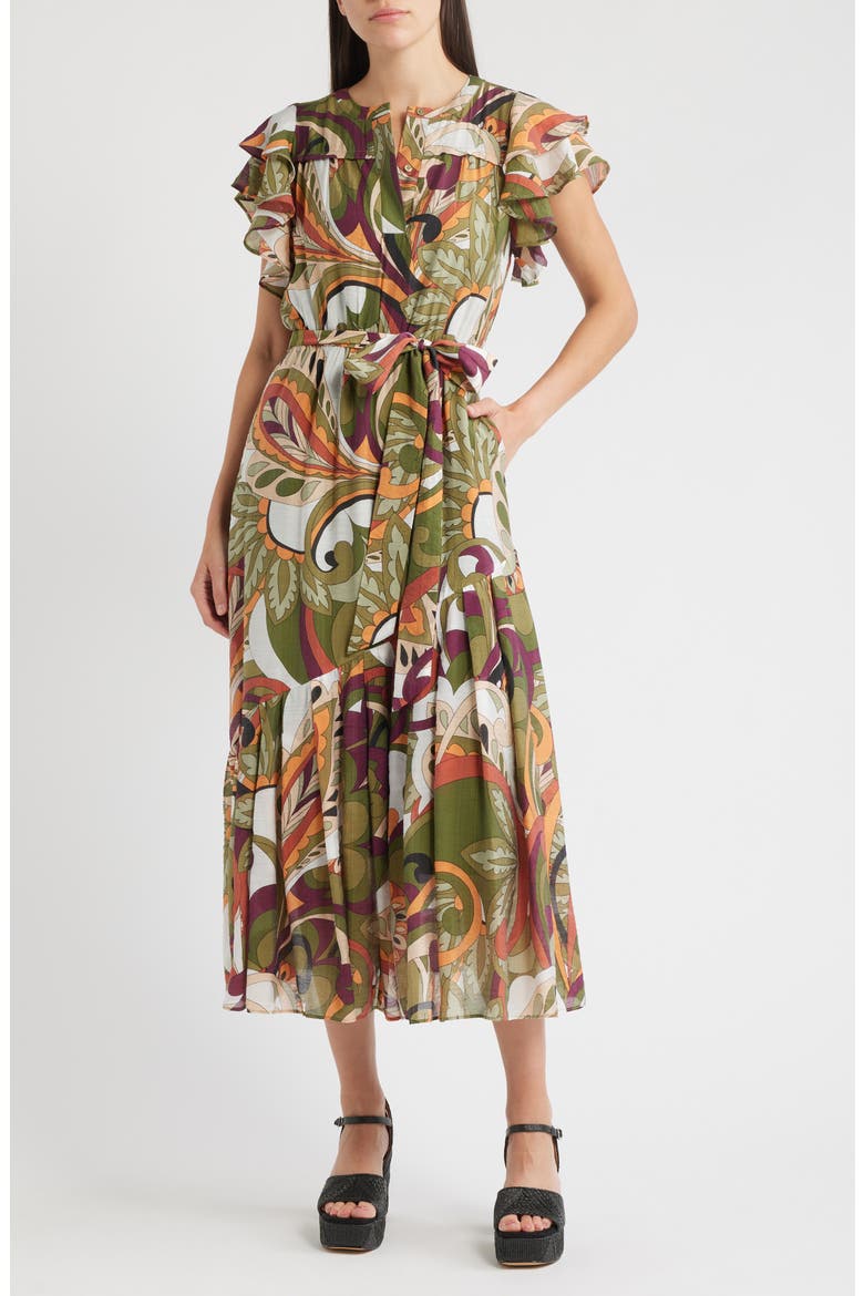 Nythia Tie Belt Shirtdress, Main, color, GREEN MULTI