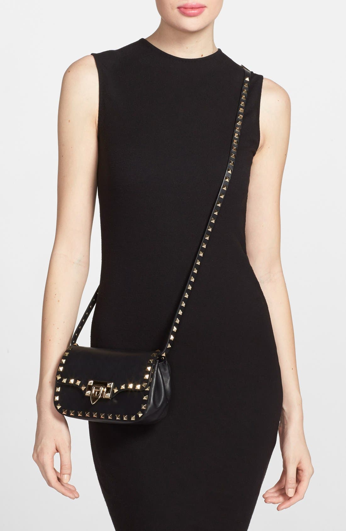 'Mini Rockstud' Crossbody Bag, Alternate, color, BLACK