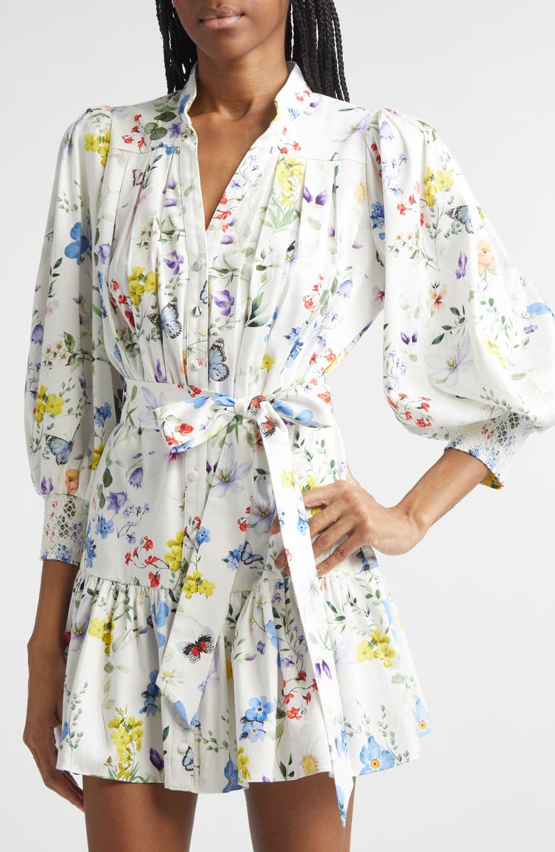 Alice + Olivia Cora Floral Print Mini Shirtdress, Alternate, color, Twisting Vines Off White