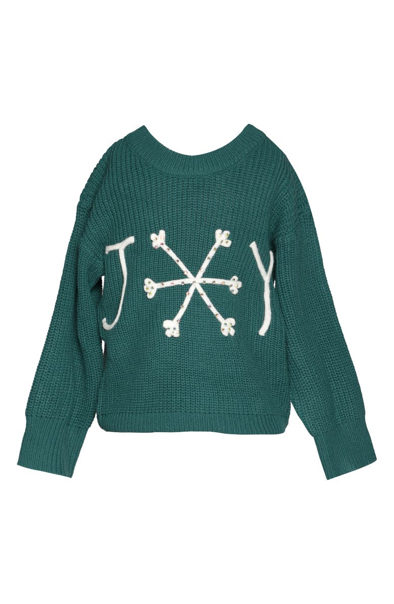 Truly Me Kids' Joy Holiday Crystal Embellished Graphic Sweater, Main, color, Forest Green