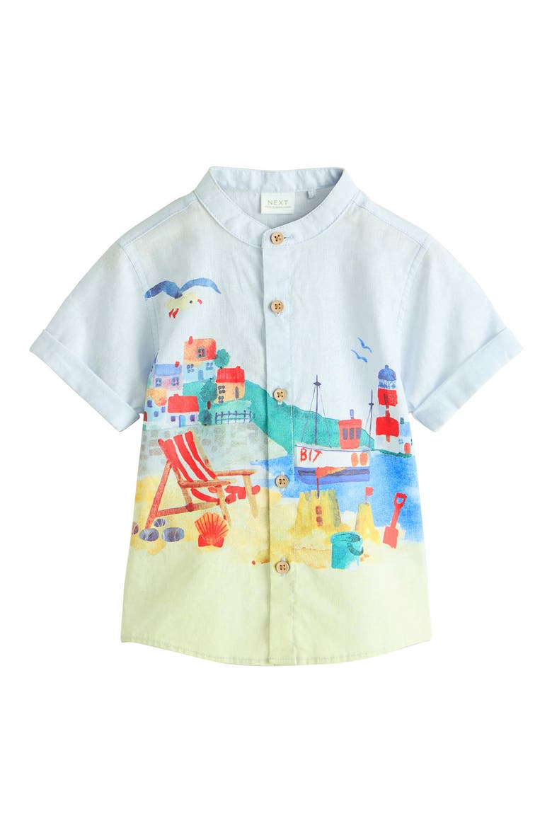 Kids' Seaside Print Grandad Collar Short Sleeve Button-Up Shirt, Main, color, BLUE