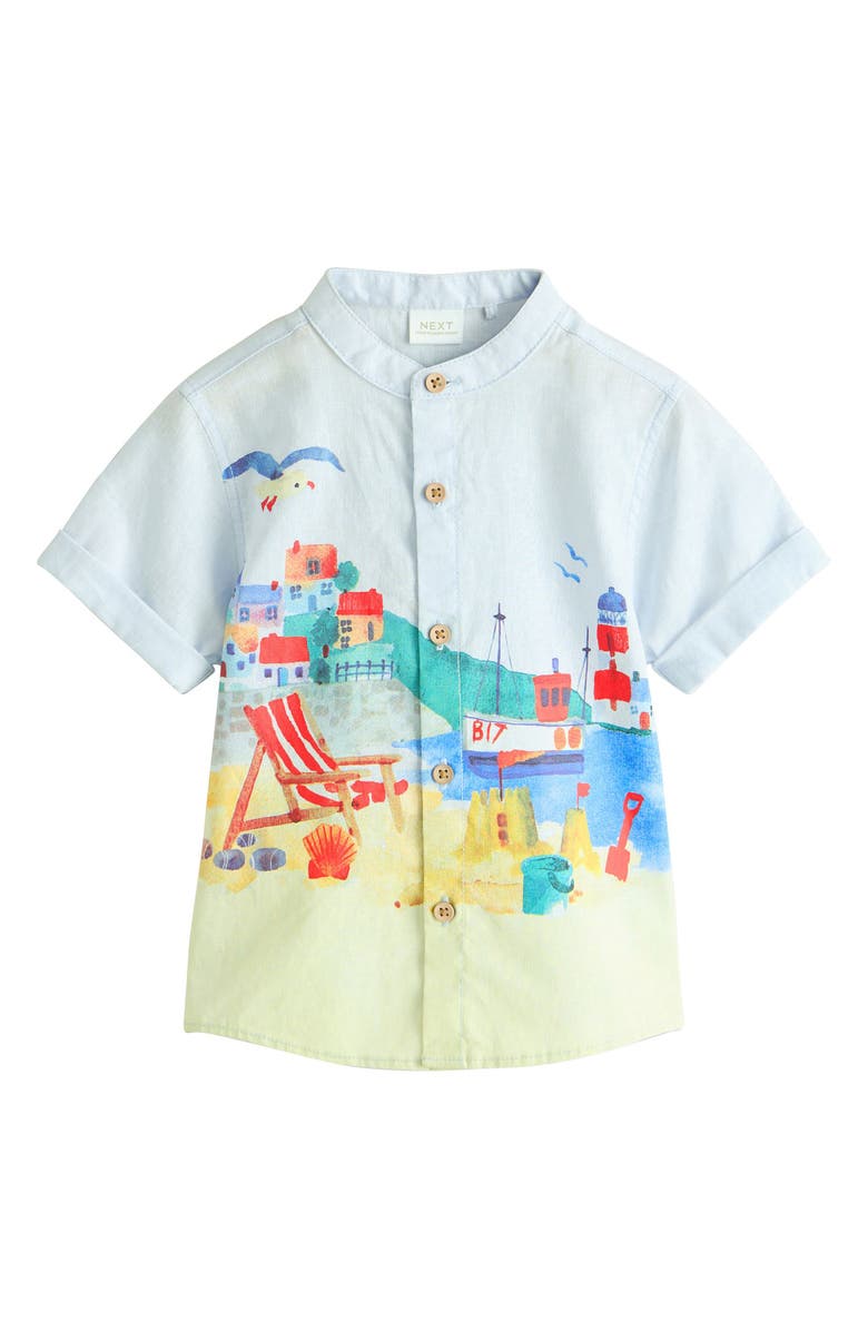 NEXT Kids' Seaside Print Grandad Collar Short Sleeve Button-Up Shirt, Main, color, Blue