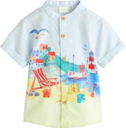 NEXT Kids' Seaside Print Grandad Collar Short Sleeve Button-Up Shirt