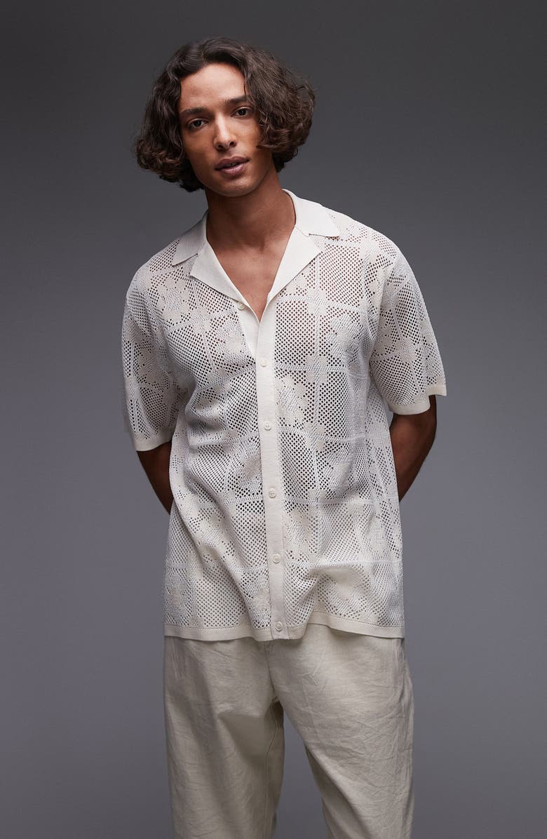 Topman Revere Open Stitch Button-Up Shirt, Main, color, Cream