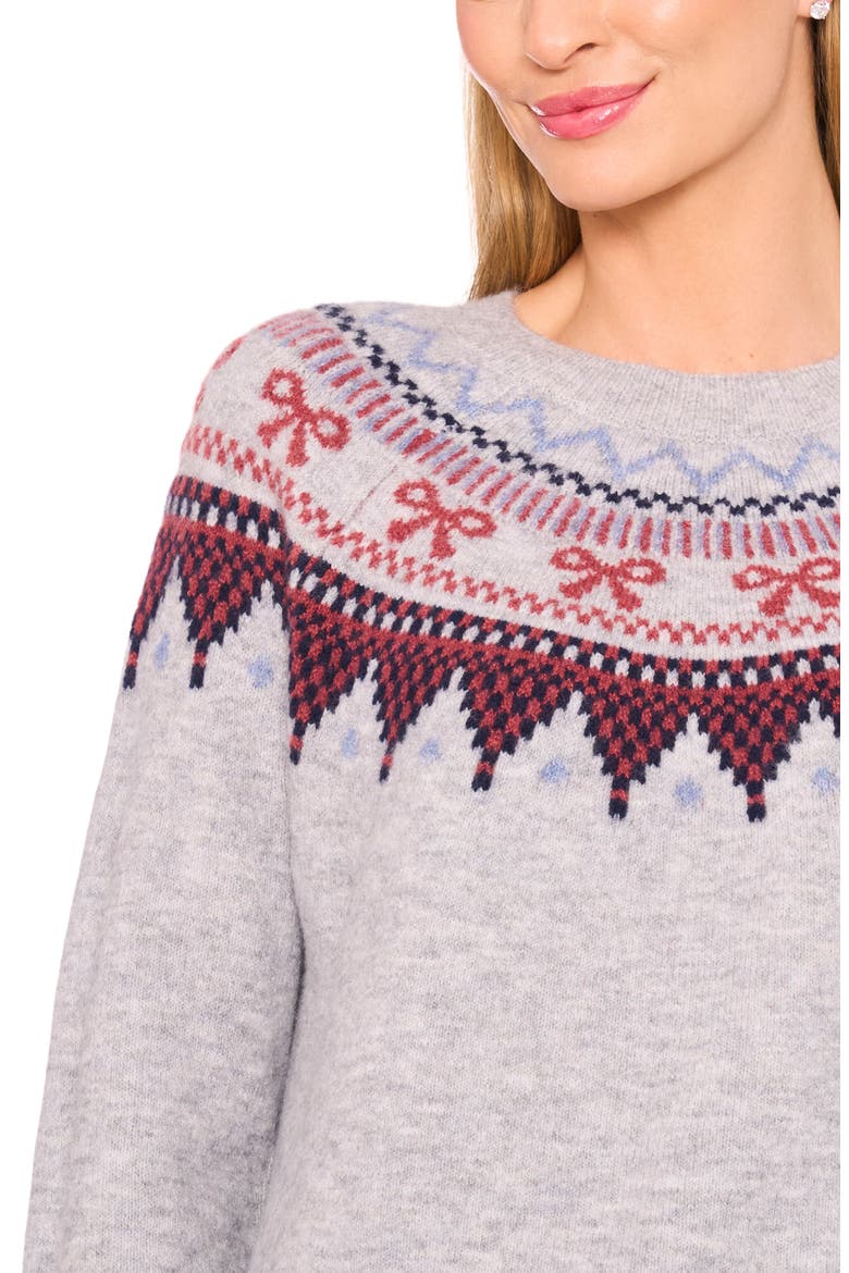 Bow Fair Isle Ribbon Detail Crewneck Sweater, Alternate, color, LIGHT HEATHER GREY