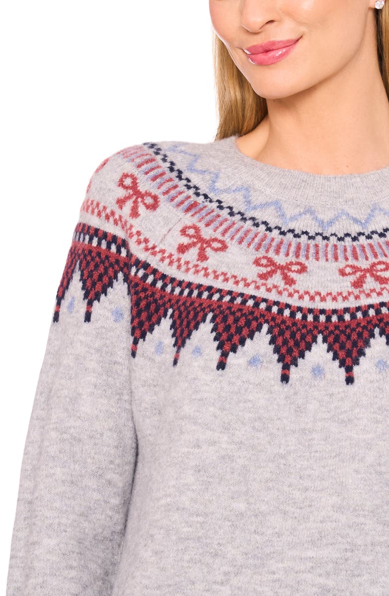 CeCe Bow Fair Isle Ribbon Detail Crewneck Sweater, Alternate, color, Light Heather Grey