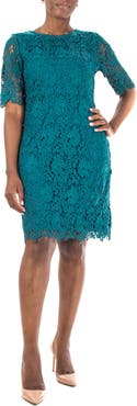 Nina Leonard Jewel Neck Lace Dress
