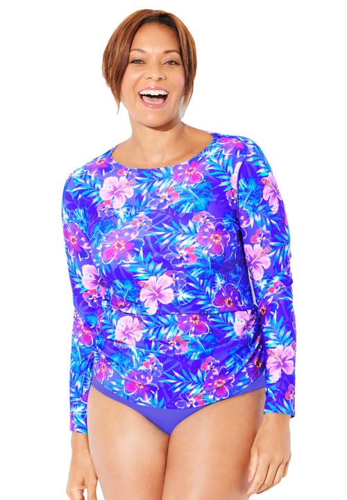 Swimsuits For All Chlorine Resistant Side-tie Adjustable Long Sleeve Swim Tee In Blue