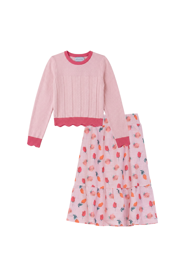 Floral Rose Skirt and Scalloped Knit Top 2-Piece Set, Main, color, Pink