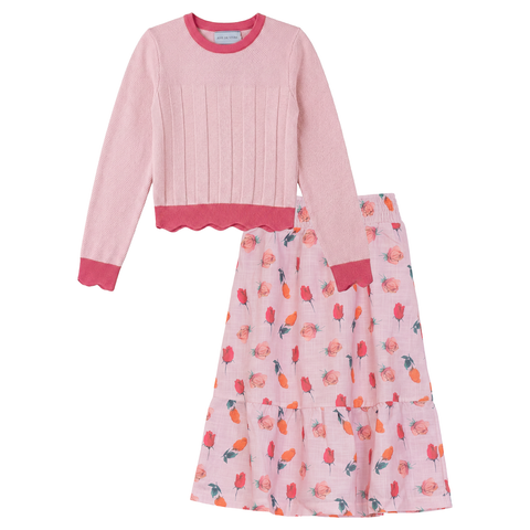 Floral Rose Skirt and Scalloped Knit Top 2-Piece Set