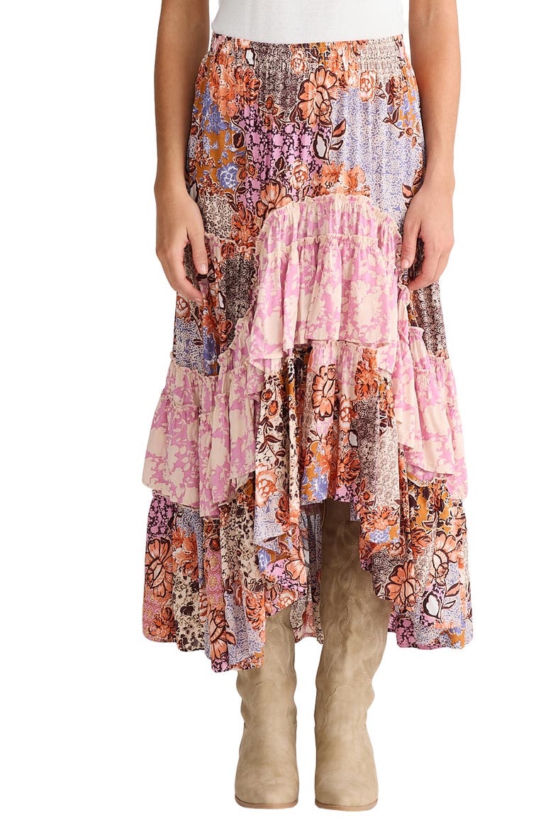 Sassy Floral High Low Tiered Midi Skirt, Main, color, DREAM WEAVER W MEADOW MUSE
