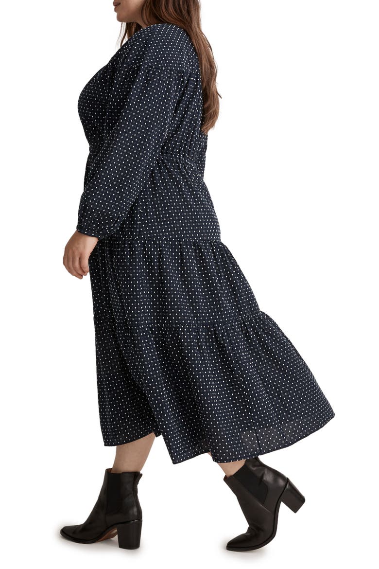 V-Neck Tiered Long Sleeve Dobby Midi Dress, Alternate, color, BLACK JACQUARD
