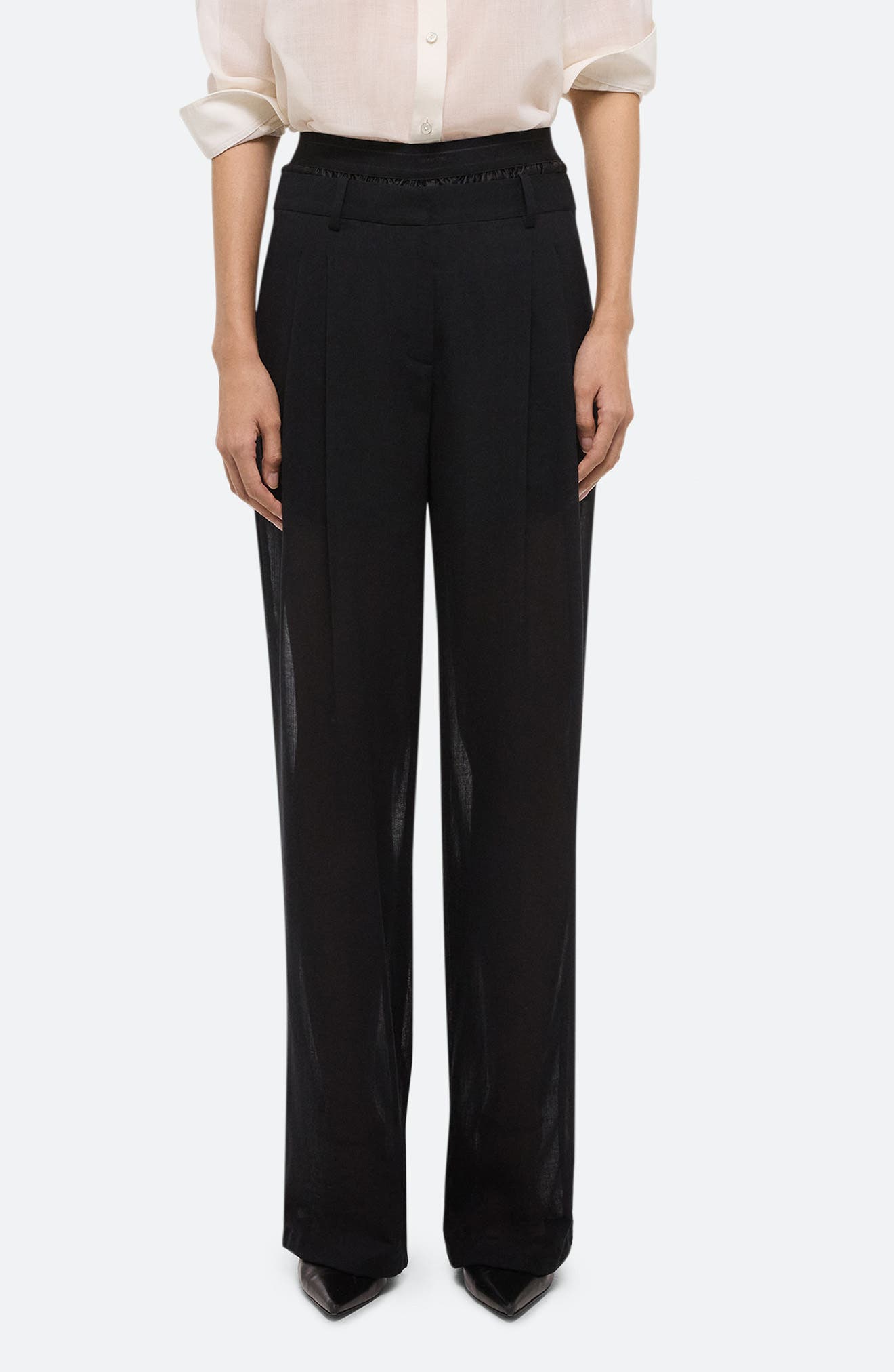 Pleated Semisheer Wool Blend Chiffon Pants with Satin Shorts